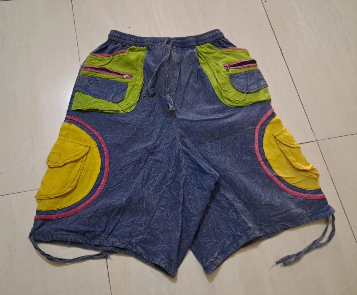 Y2K Jawnz handmade cotton festival shorts with yellow and green cargo pockets